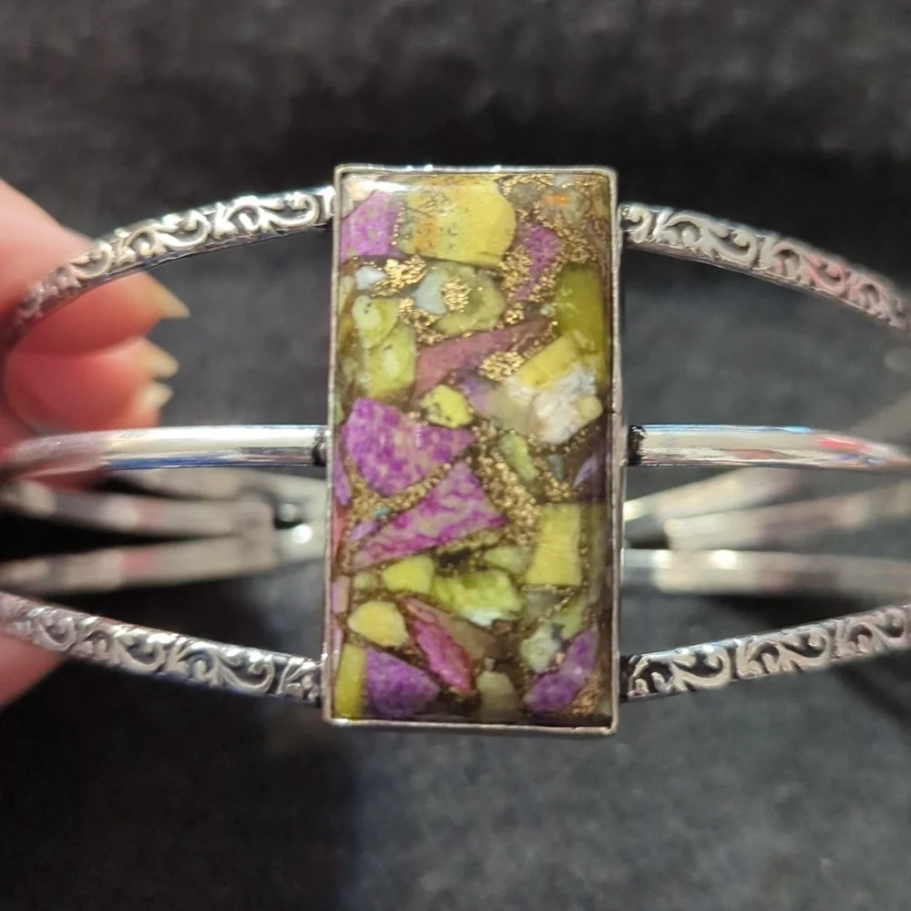 Silver Plated Purple Copper Turquoise Gemstone Cuff Statement Bracelet
